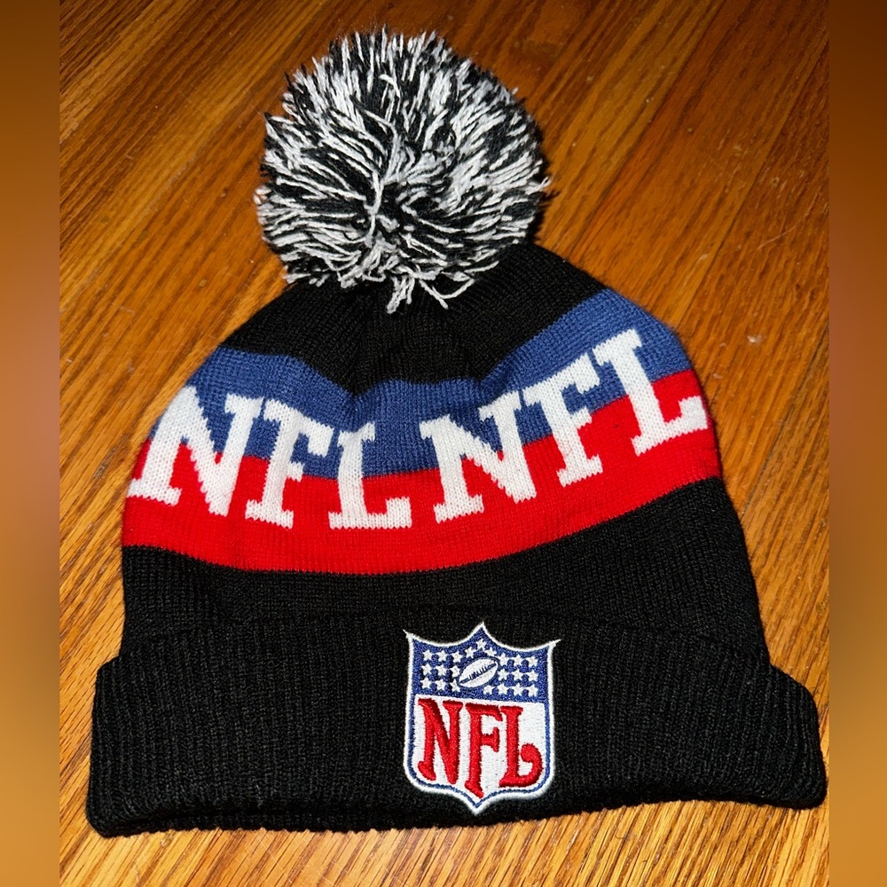 NFL Black Knit Pom Beanie with Red, Blue & White Accents